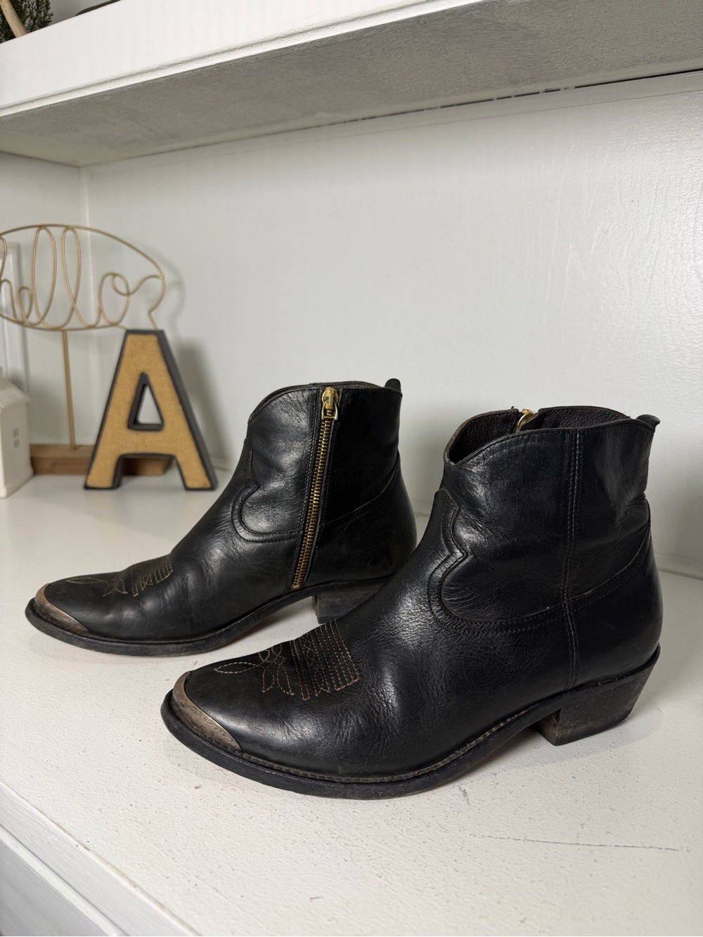 Golden Goose Womens 38 US 8 Black Leather Western Ankle Cowboy Boots Made Italy